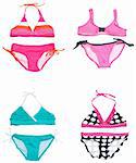 Set of Four Vibrant Colored Bikini Bathing Suits Isolated on White with a Clipping Path.