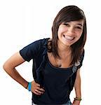 Cute hispanic teenage girl with braces and a big smile while hand on hip