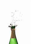 Bottle of champagne with splashes over white background