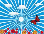 Red butterfly on flowering meadow. Vector illustration. Vector art in Adobe illustrator EPS format, compressed in a zip file. The different graphics are all on separate layers so they can easily be moved or edited individually. The document can be scaled to any size without loss of quality