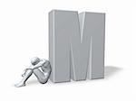 sitting man leans on uppercase letter m - 3d illustration