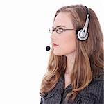 Call center woman with headset. Over white background