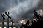 Good Friday Easter Day Crosses with Cloudy Sky and Trees Background