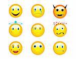 Icon set of nine different emoticons isolated on white background