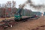 Freight train hauled by the diesel locomotive starting from the station