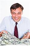 young man and money on white background