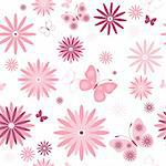 White seamless floral pattern with pink flowers and butterflies (vector)