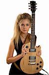 Blond rock teenage girl with an electric guitar. Studio shot, isolated on white background.