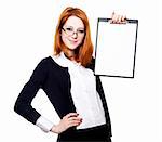 Portrait of the business woman with a folder. Studio shot.