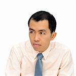 Mature business man of Asian looking, half length closeup portrait on white background.