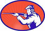 illustration of a Hunter aiming a shotgun rifle side view set inside an ellipse done in retro woodcut style