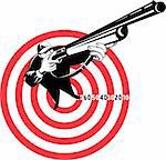 graphic design illustration of a Hunter aiming rifle shotgun with bulls eye in background viewed from a high angle