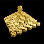 It's a render of Golden 3D Pyramid of Dollar on black background with high resolution.