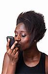 Beautiful Black Woman kissing mobile Phone