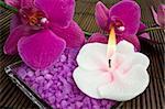 Aroma candle, bath salt and orchid for aromatherapy
