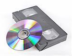 Picture of videokaseta and disk on a white background