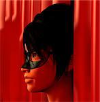 Masked woman and red curtains 3d illustration.