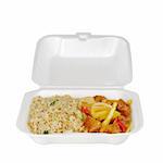 Chinese take-away food in styrofoam box: Fried rice sweet and sour with pineapple and chicken (Isolated on White)
