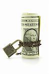 US dollars chained and locked on white background