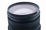 Close up of camera lens on white background