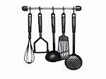 Set of black modern kitchen utensil hanging on white background