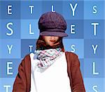 Portrait of red-haired girl with scarf and purple cap on blue background with words.