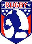 retro style illustration of a rugby player passing ball viewed from front with shield in background and words "rugby"