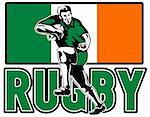 illustratino of rugby player running fending off with ireland flag in background