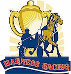 illustration on sulkies,Harness cart horse racing viewed from low angle with championship cup and sunburst in background retro style.
