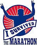 illustration of a silhouette of Marathon runner flashing victory hand sign done in retro style with   sunburst set inside circle with words "i survived the marathon"
