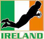 illustration of a silhouette Irish rugby playing diving to score a try with Ireland flag in background
