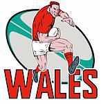 illustration of a Cartoon Welsh Rugby player running fending off  with ball in background and words "Wales"