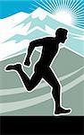 illustration of a Marathon runner silhouette side vew with mountains and sunburst in background done in retro style