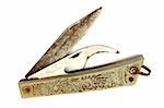 Old vintage rusty pocket knife with the tool for opening of canned food