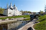 Belarus nice Vitebsk spring landscape view of St. Uspenski Cathedral over Vitba river with little waterflow