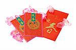 Chinese New Year red packets and plum blossom on white background