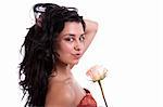 Beautiful woman with a rose, on white, studio shot