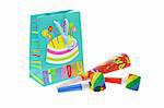 Colorful gift bag and party blowers on white background