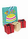 Gift boxes and party bag on white background