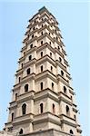 Bottom view of a historic pagoda in China against blue sky