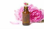 Bottles of essential oil and pink rose isolated over white