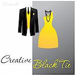 Dress code - Creative Black Tie. The man - a black tuxedo, colorful vest and tie or butterfly, a woman - cocktail dress.