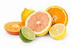 mix of colorful citrus fruit on white background