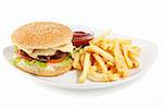 Hamburger with fries on white plate isolated on white background