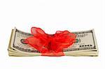 Stack of money wrapped in red bow , Isolated on white background.