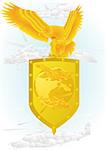 Air Force. Badge with an eagle holding a sword, shield, and military aircraft.