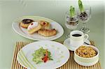 Healthy Breakfast table with cake, coffee.