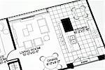 A floor plan focused on the living room and kitchen