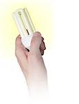 Glowing Energy Saving Bulb in Hand on White Background