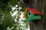 Home-made bright colored bird house. Space for text or other content